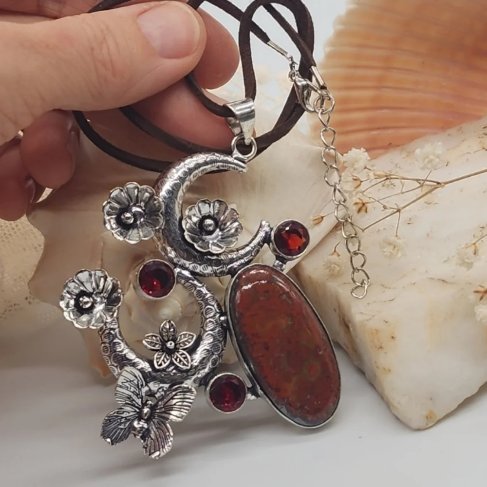 Moon Silver 925 Necklace Pendant Natural Agate Cabochon Stone Leather Necklace